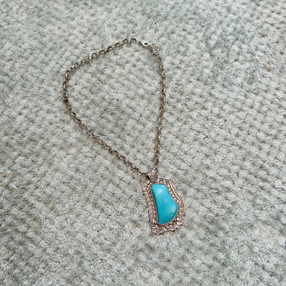 None Jewelry - vtg faux silver/turquoise western style rectangular gem country core necklace